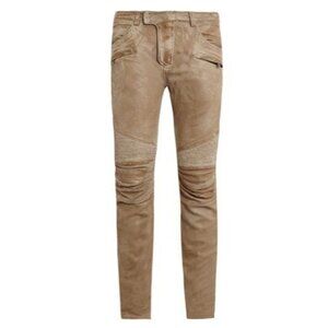 Balmain Paris Lamb Leather Moto Pants in Taupe